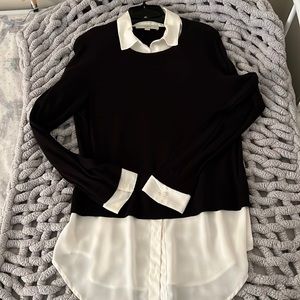 Loft L black sweater with faux collar and shirt beneath.